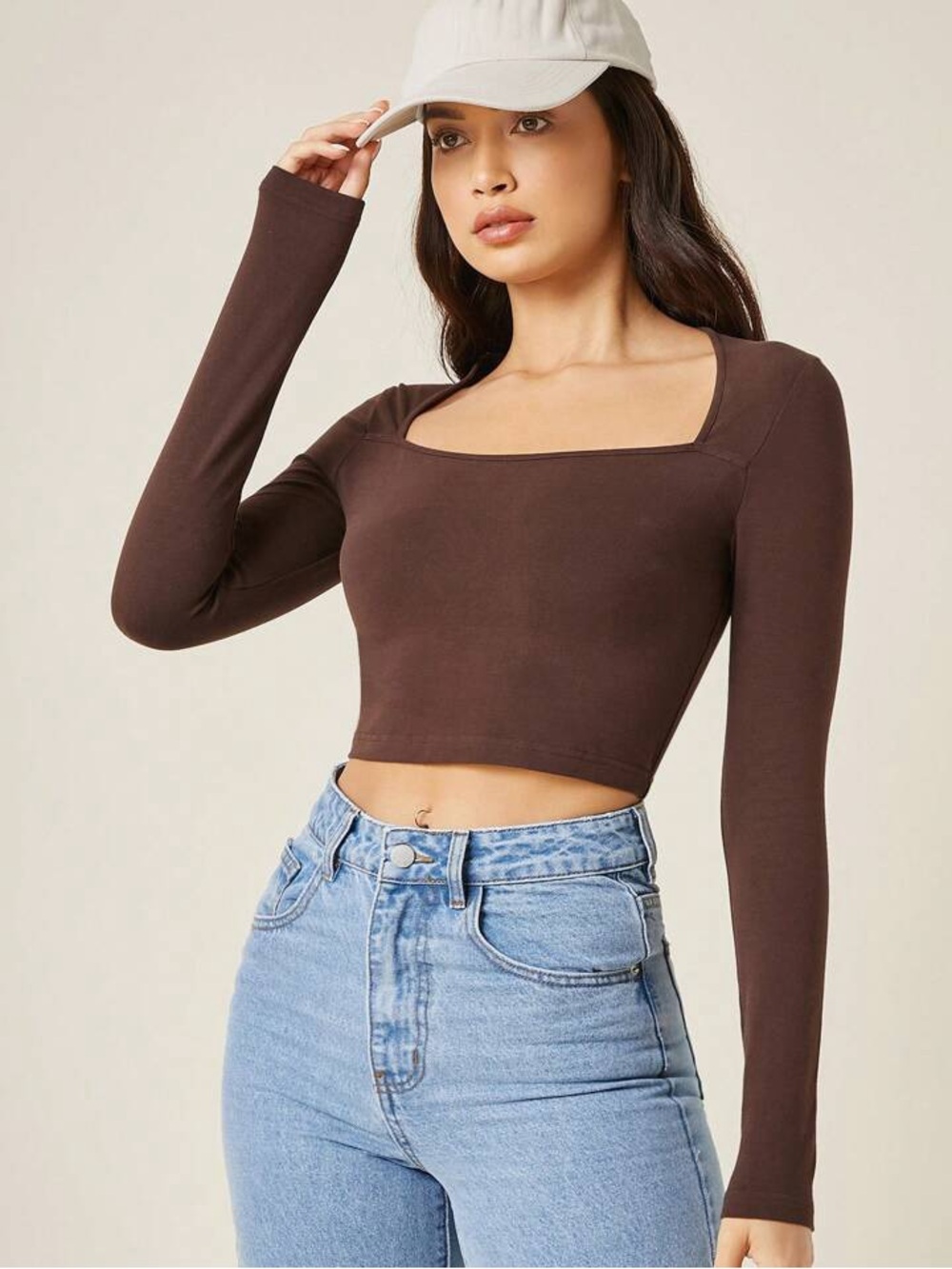 SHEIN Chocolate Brown Square Neck Long Sleeve Crop Top | Size: M
